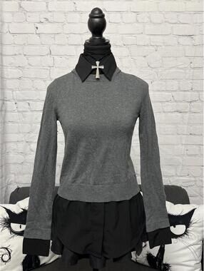 Le Chateau Grey Sweater With Built In Black Blouse Collar And Hem Sz XXS